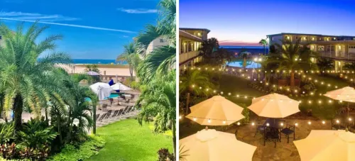 Pool area as seen through palm trees at Thunderbird resort (left) and exterior sitting area at dusk (right) 
